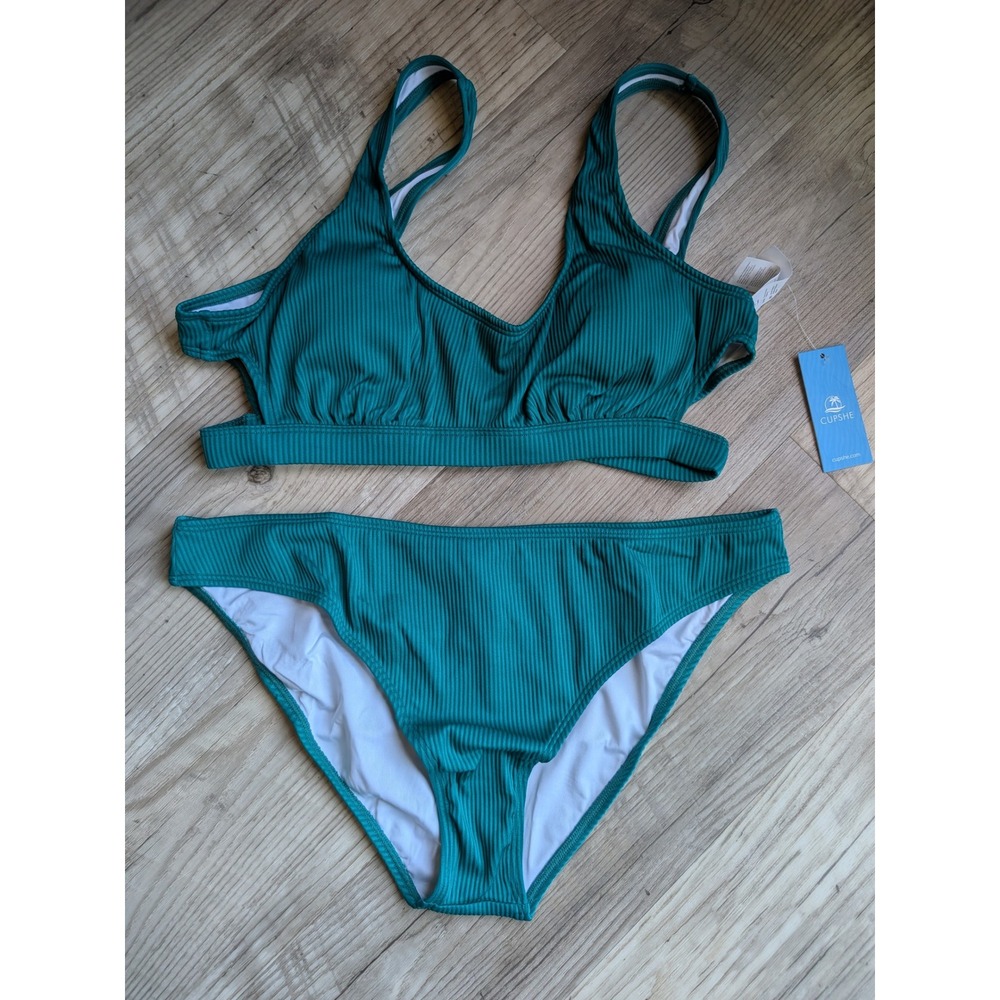 Cupshe Bikini Set Women Large Teal NWT Ribbed V-Neck inch Cutout CYY1184L